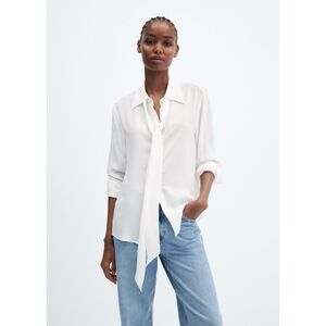 Mango White Button Down Shirt with Tie Neck, size 8